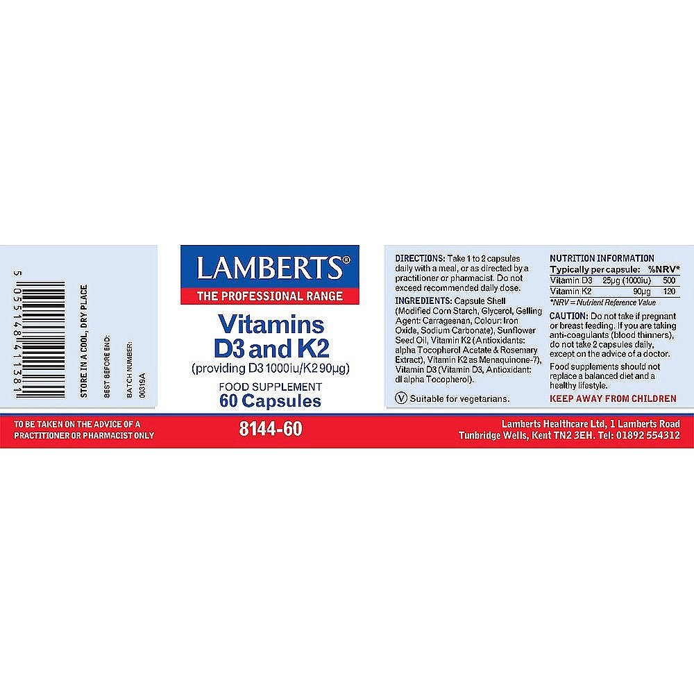 Vitamins D3 (1000iu) and K2 (90ug) 60 Capsules - Lamberts - Food Supplement - Eco Natural Products