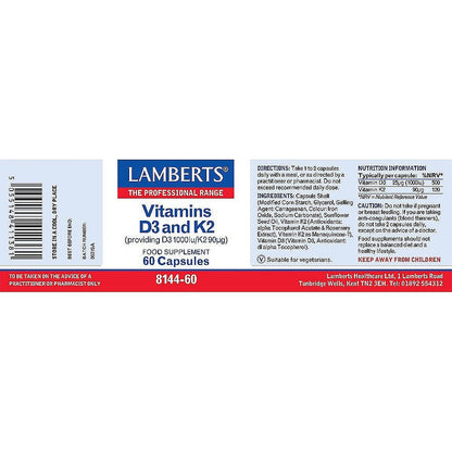 Vitamins D3 (1000iu) and K2 (90ug) 60 Capsules - Lamberts - Food Supplement - Eco Natural Products