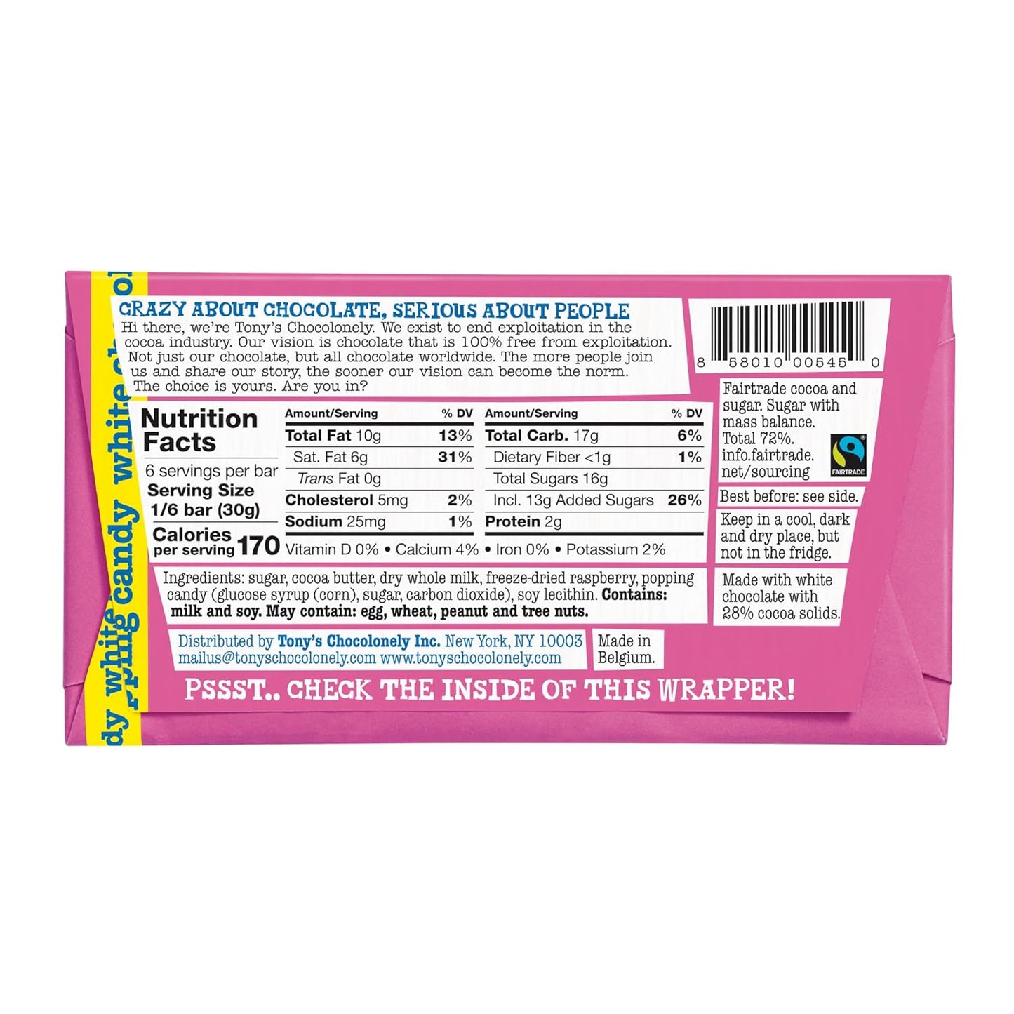 White Chocolate Raspberry Bar with Popping Candy 180g - Tony's Chocolonely - Chocolate Bar - Eco Natural Products