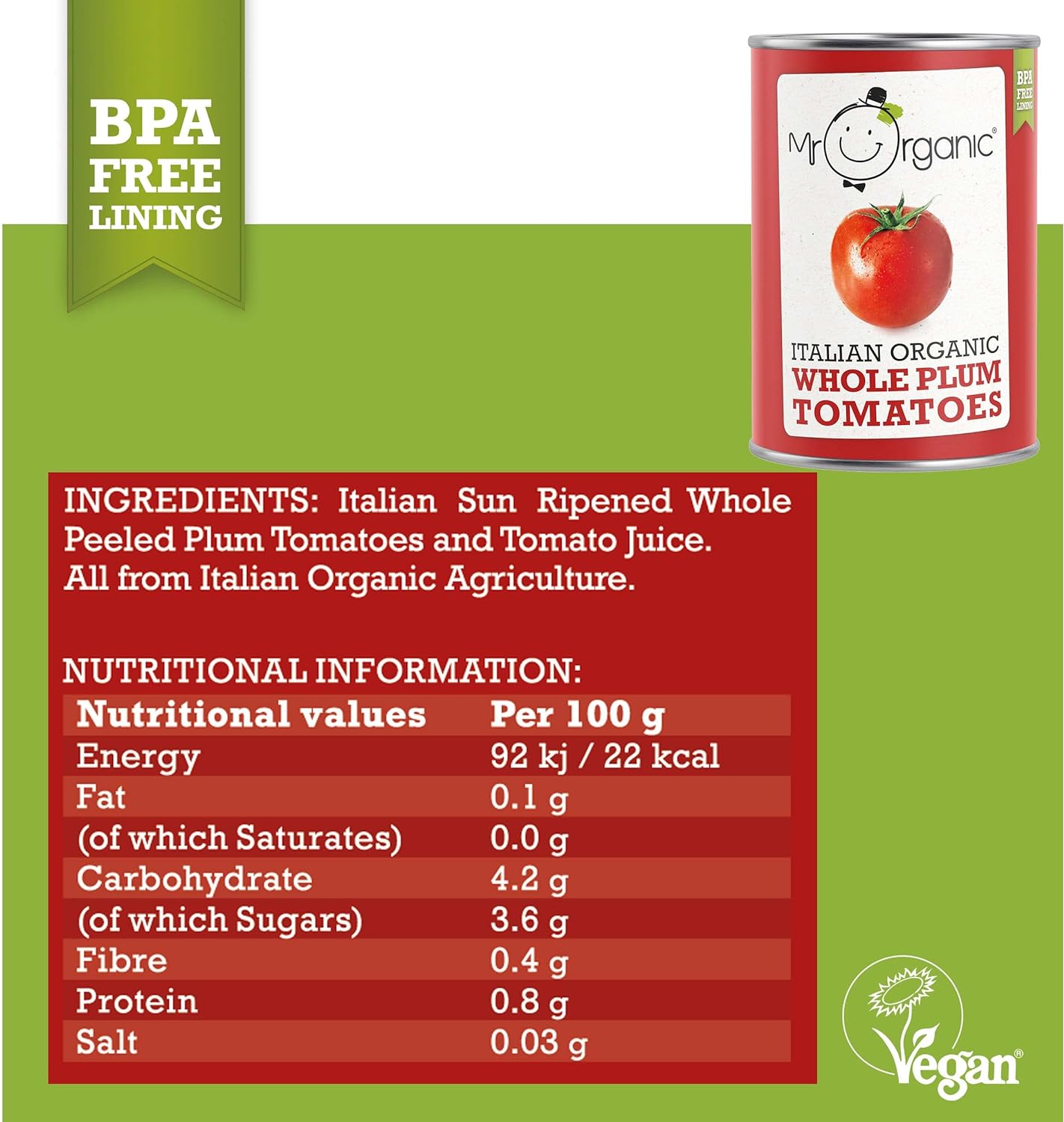 Whole Plum Tomato Tin 400g - Mr Organic - Tomatoes - Eco Natural Products