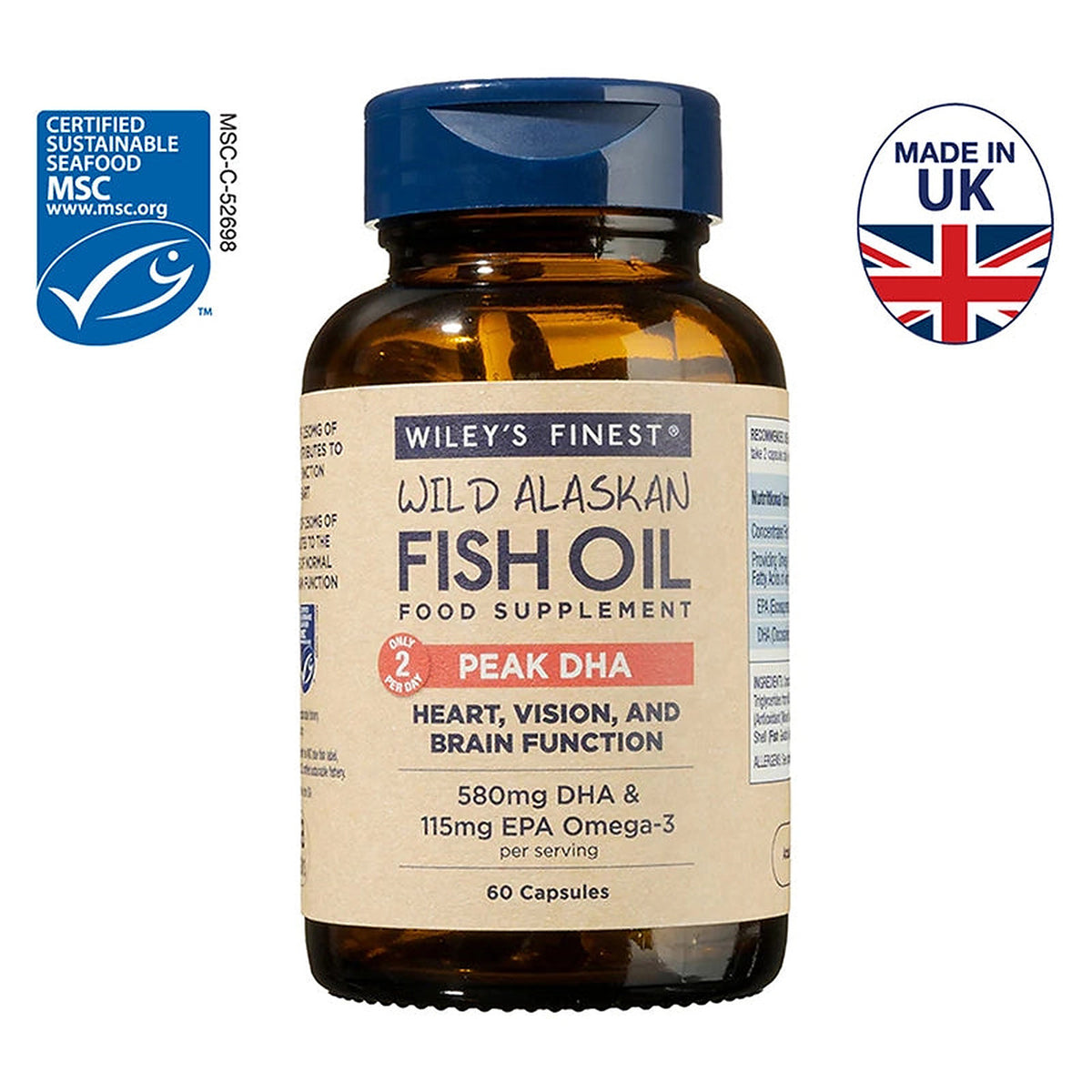Wiley's Finest Wild Alaskan Fish Oil Peak DHA 60 Capsules front of pack