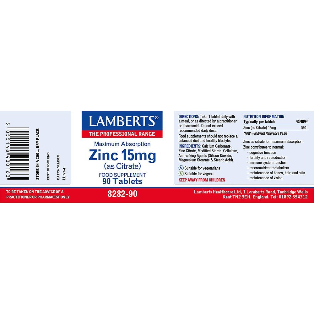 Zinc 15mg 90 Tablets - Lamberts - Food Supplement - Eco Natural Products