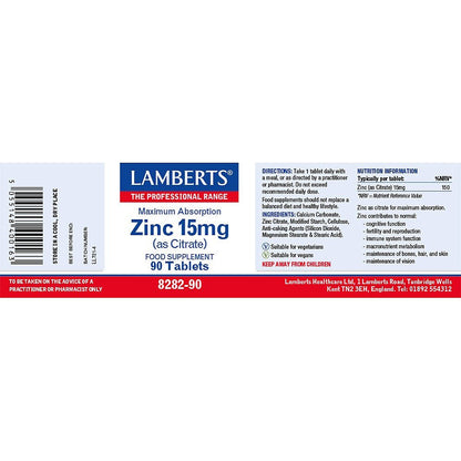 Zinc 15mg 90 Tablets - Lamberts - Food Supplement - Eco Natural Products