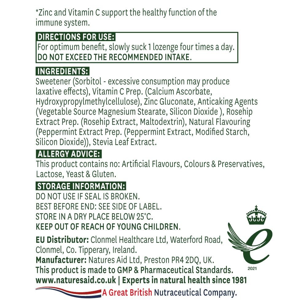 Zinc Lozenges Peppermint 30 Tablets - Natures Aid - Vitamins & Supplements - Eco Natural Products